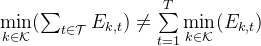 \operatorname*{min}\limits_{k\in\mathcal{K}}(\sum_{t\in\mathcal{T}}E_{k,t})\neq\sum\limits_{t=1}^{T}\operatorname*{min}\limits_{k\in\mathcal{K}}(E_{k,t})