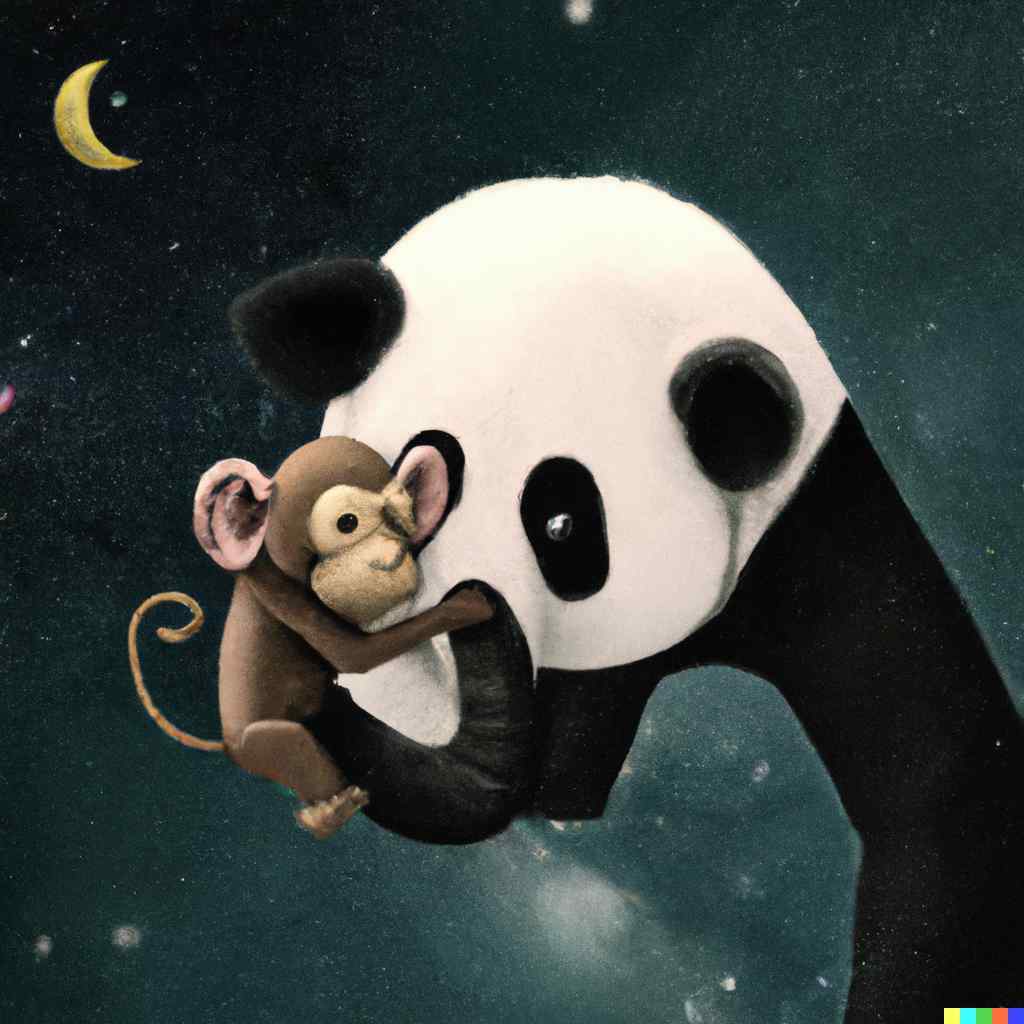 a monkey with a trunk like an elephant stroking a panda in space