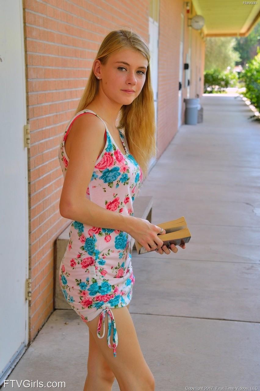 Slim blonde teen Hannah exposes her shaved cunt and ass in public(12)