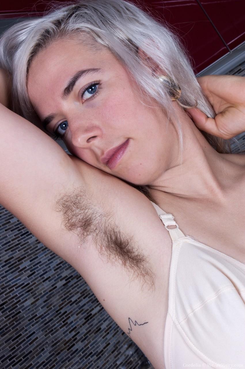 Blonde sweetie with tiny tits Cordelia teases with her hairy muff and armpits(6)