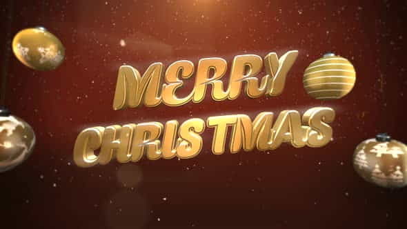 Animated closeup Merry Christmas text, white snowflakes and gold balls on retro background | Events - VideoHive 29319193