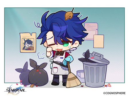 Chibi Sampo from HSR cleaning trash