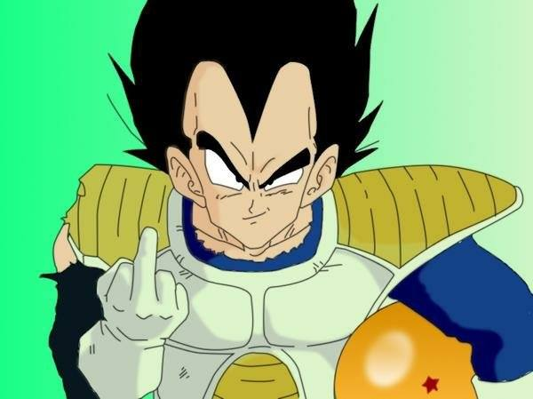 vegeta in damaged saiyan armor holding up a middle finger