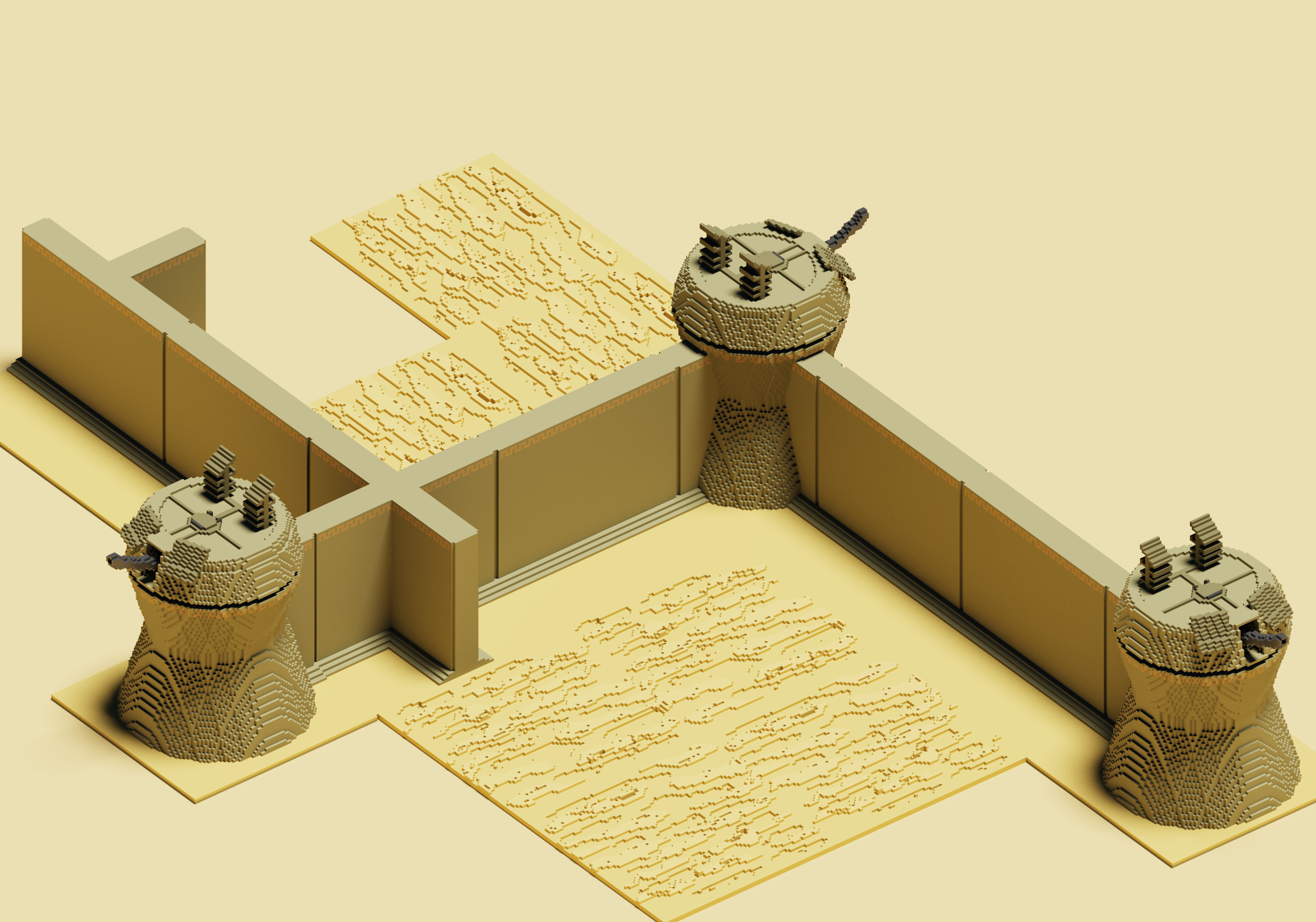 A voxel  image of several defensive walls and turrets in the style of Dune 2