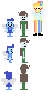 pixel artwork of the previous characters at various angles. there is also a third character, who is an anthropormorphic candy-themed monster. he has light yellow skin, lollipop-themed hair, and wears an off-white shirt, rainbow pants, and black shoes.