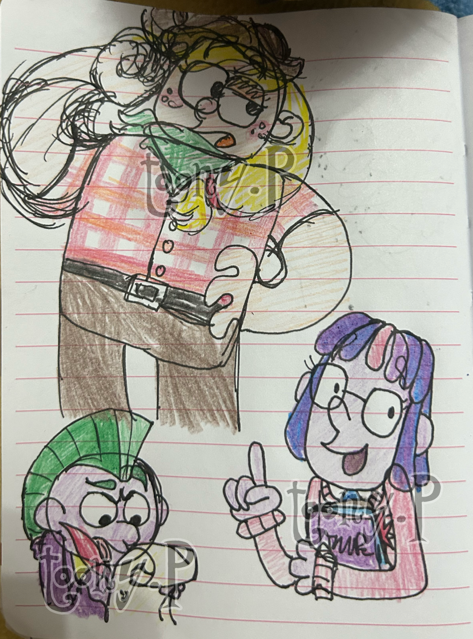 humanoid versions of the my little pony characters applejack, twilight sparkle, and spike.