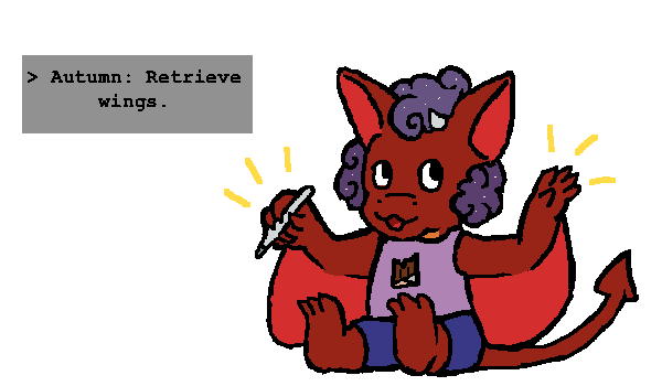 A drawing of a red anthro wyvern holding a stylus with arm-wings open captioned "> Autumn: Retrieve wings."