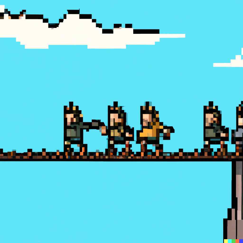 pixel art of dwarves crossing a sky bridge