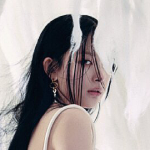 An icon of Hana. She is standing in front of a white, feathered background. She is looking off to the side, towards the camera, with a slightly hurt expression.