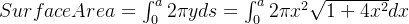 Surface Area = \int_0^a 2\pi yds = \int_0^a 2\pi x^2 \sqrt{1+4x^2}dx