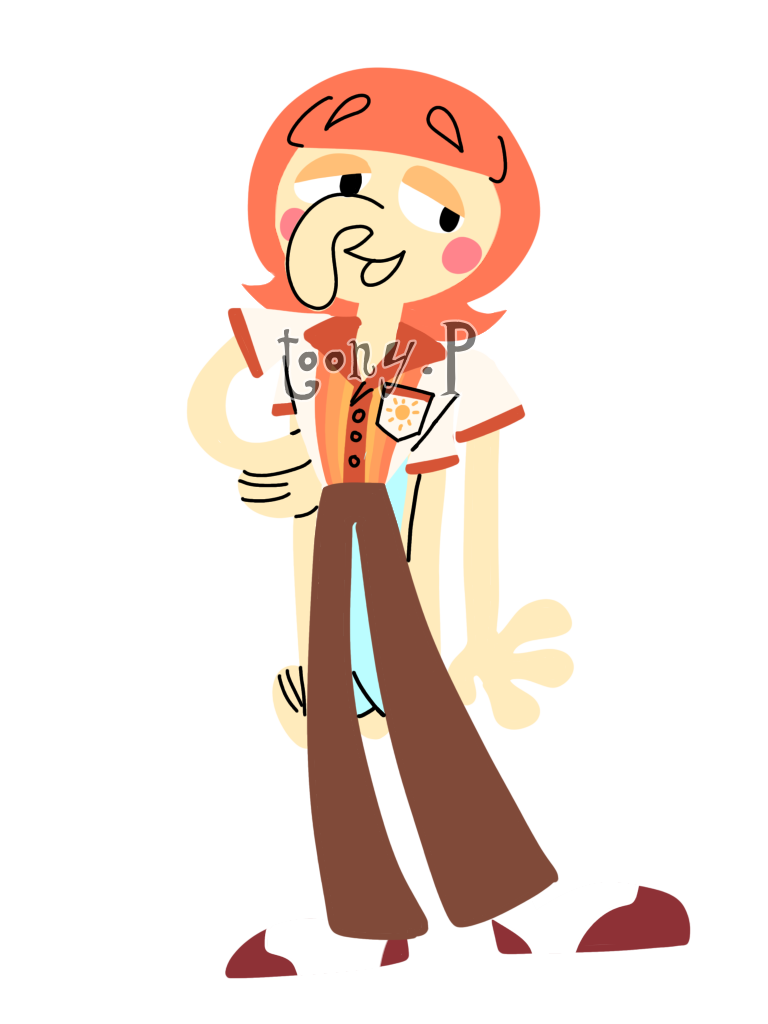lineless artwork of an anthropormorphic weevil. they are light yellow, with orange hair, and are wearing a 70's style shirt and bellbottoms.