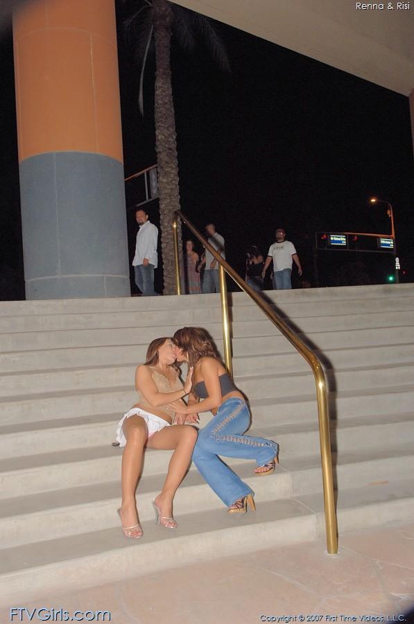 Two attractive amateur brunettes Renna and Risi making out in public(2)