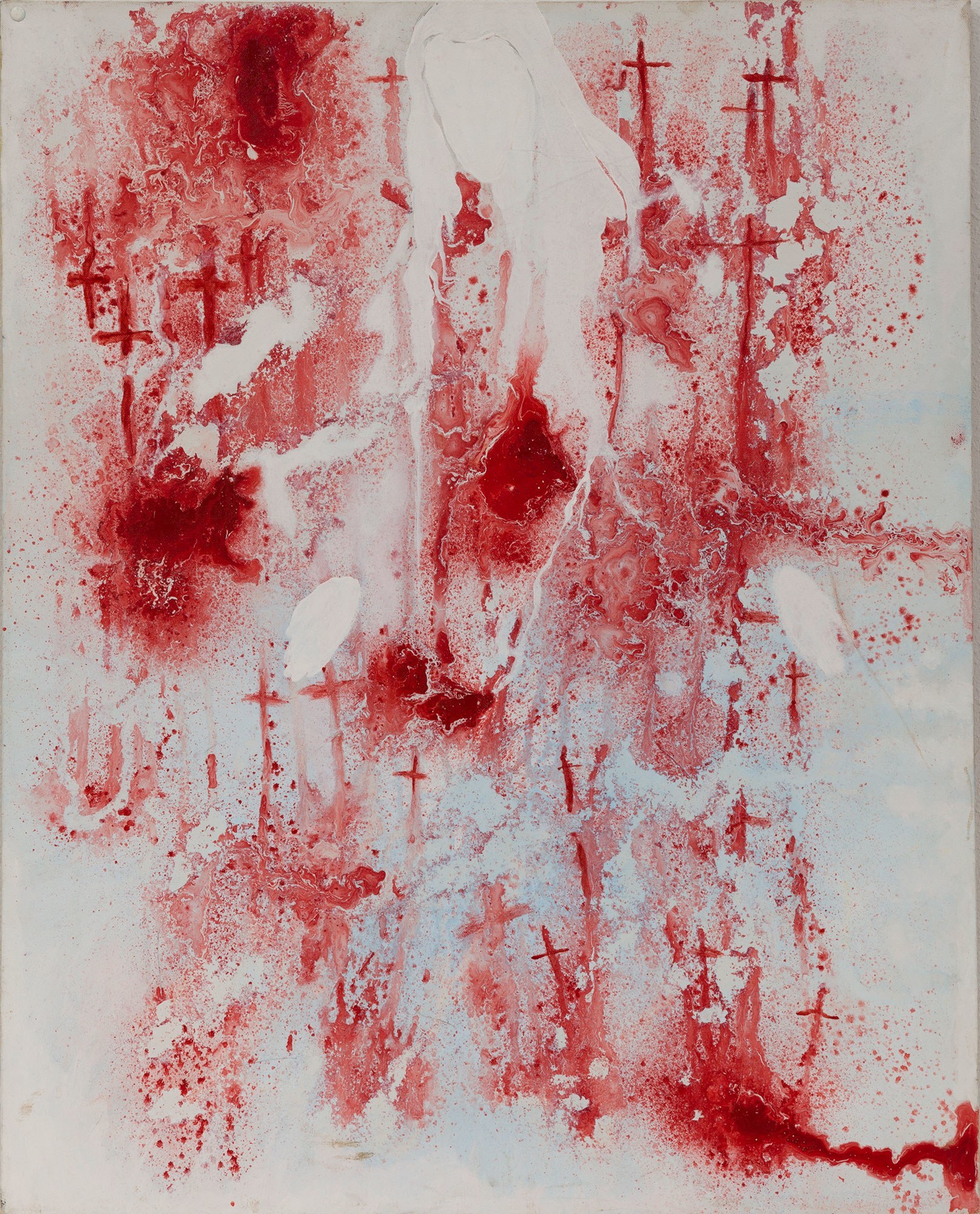 Bloody-looking splatters and wound-like patches of red paint on a white background with the head and hands of a ghostly Madonna figure in the background. Small red crosses dot the canvas.