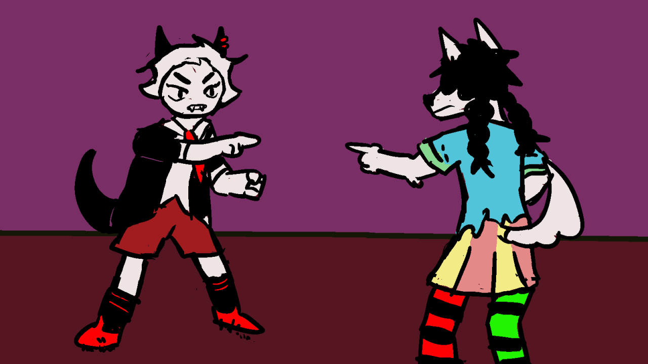 A parody of the spiderman pointing meme where the left one is the canon yiffany design and the right one is my furry one.