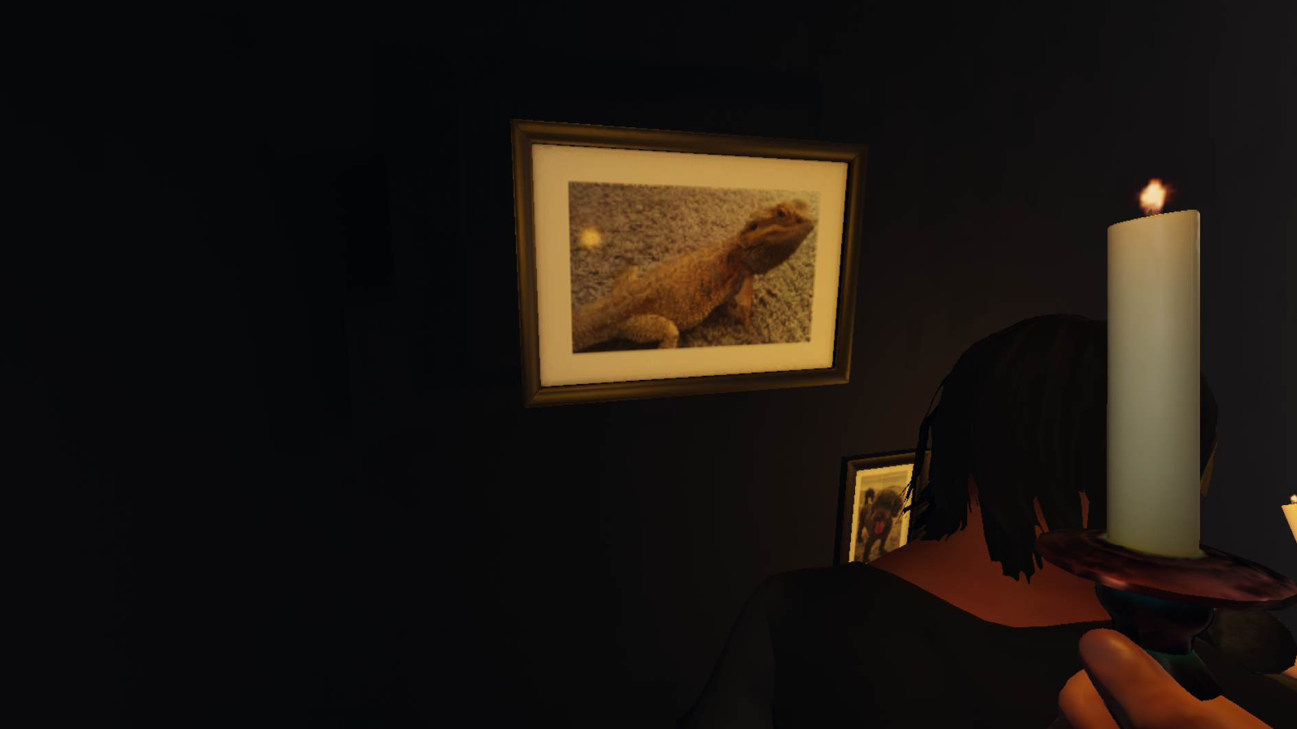 A hanging photo of a lizard