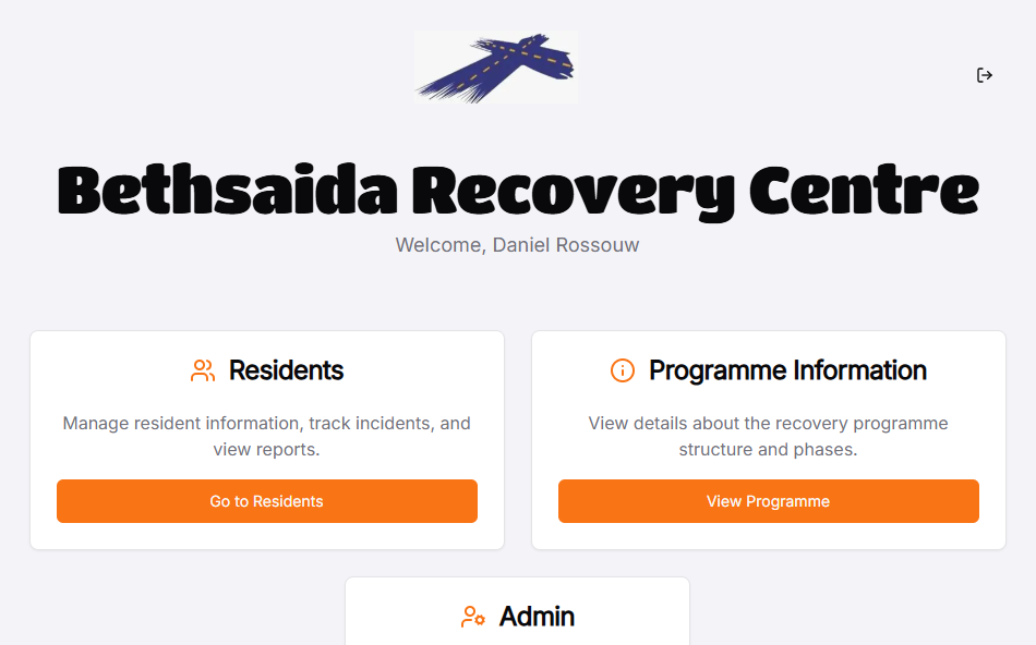 Recovery Centre Portal - Desktop View 1