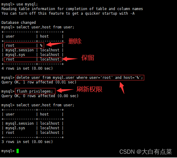 删除mysql数据库user表中 user="root"，host="%"的那条记录，并刷新权限