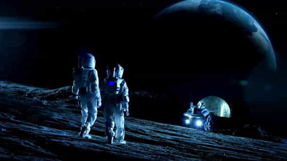 Two Astronauts In Space Suits Stand On The Moon - VideoHive 48969904