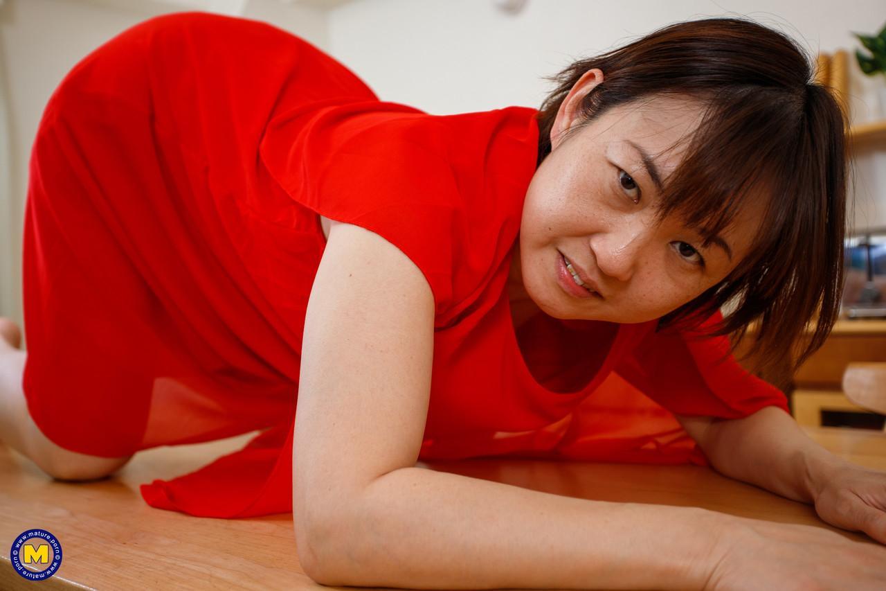 Japanese mom Yuki Kozakura posing in her red dress and panties in a solo(16)