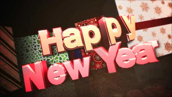 Animated closeup Happy New Year text, gift boxes in room, wood background | Events - VideoHive 29540152