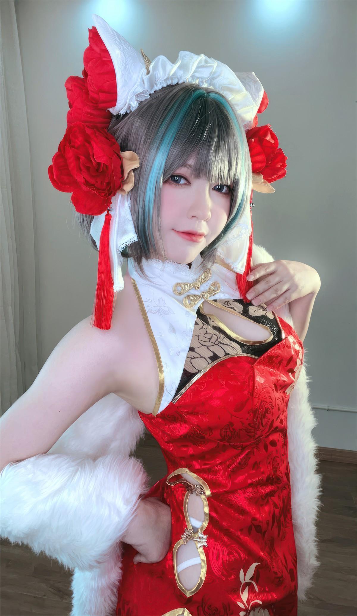 Cosplay 半半子Banbanko 柴郡中华娘旗袍(33)