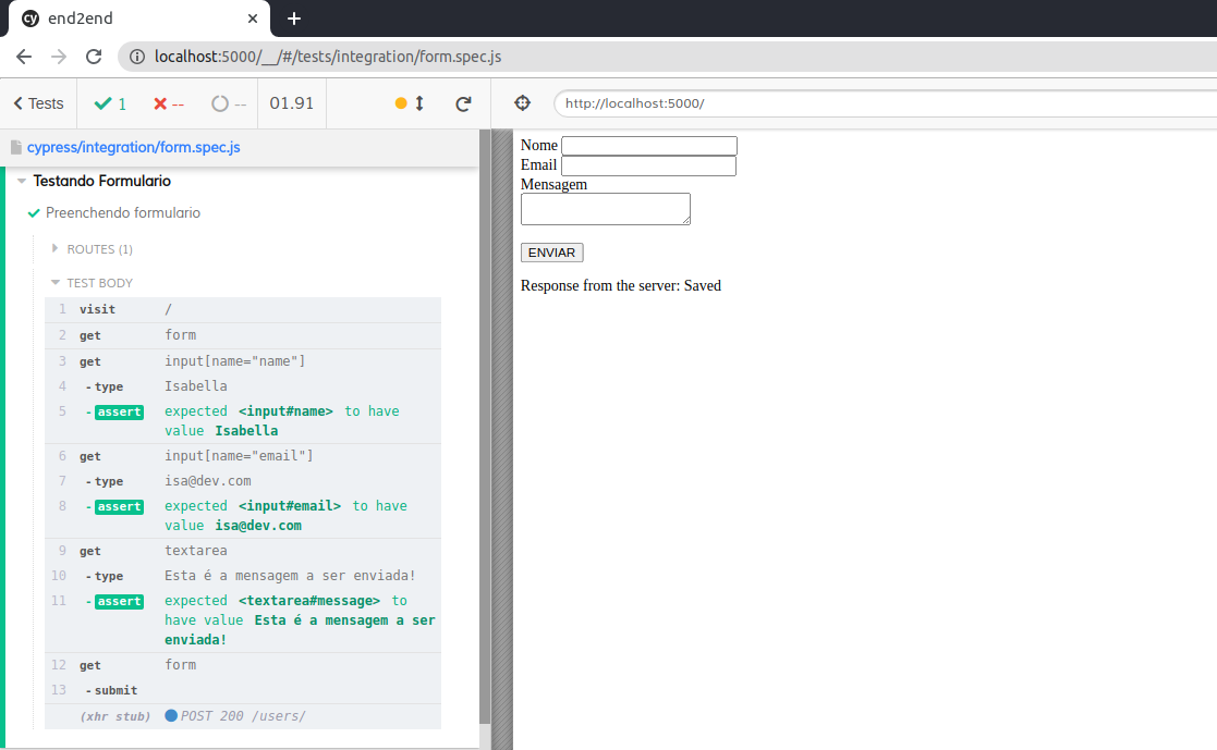 Teste sendo executado pelo Cypress.io