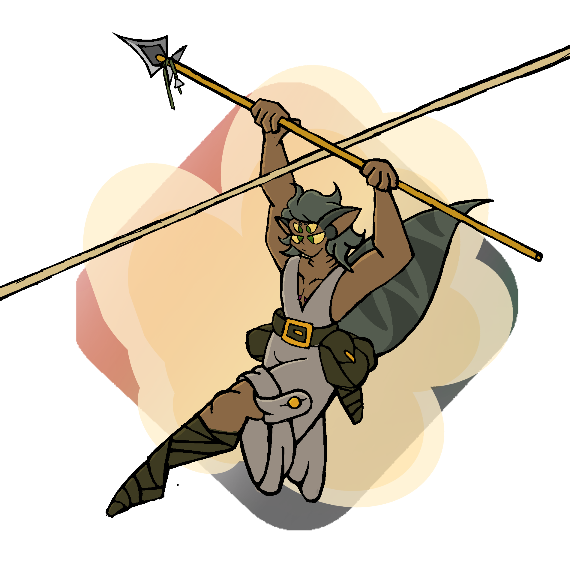 A cartoon of brown skin swamp demon zipping down a rope using a spear