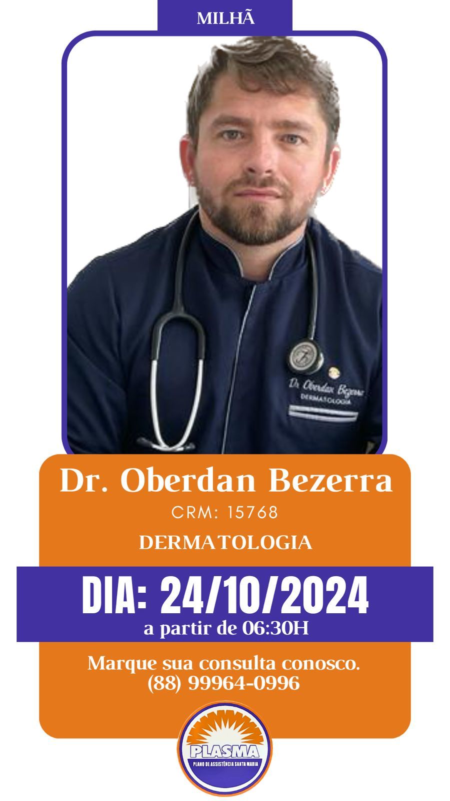 Dr Oberdan Bezerra, Dermatologista, médico de pele dia 0-Setembro terça-f 06h30min por ordem