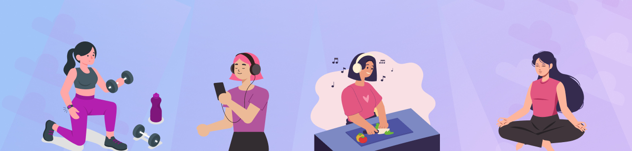 illustration of overcoming anhedonia with music sports and healthy food