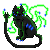 A black cat with a cable for a tail, and many glowing green tendrils.