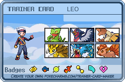 trainer card showing my pokemon Alpha Sapphire team. the pokemon are: Septile, Swellow, Hariyama, Sandslash, Gyarados, and Vulpix. Seven of the Eight regional badges are showcased at the bottom