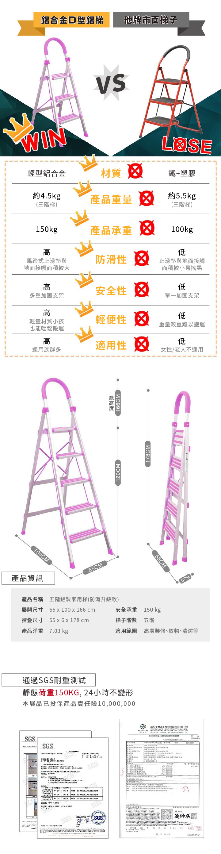 【止滑款 5階D型鋁梯】五階梯 防滑 止滑加強型 摺疊梯 人字梯 梯子 家用梯 A字梯 鋁製梯