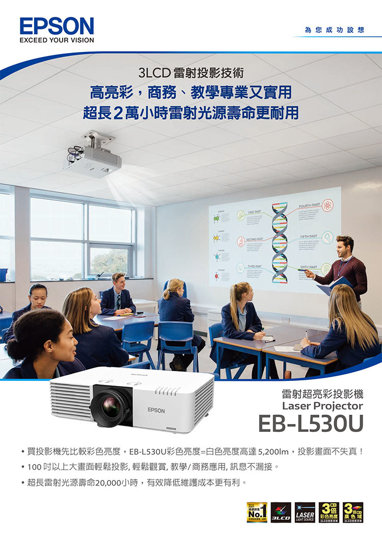 EPSONEXCEED YOUR VISION3LCD 雷射投影技術高亮彩商務、教學專業又實用超長2萬小時雷射光源壽命更耐用為您成功設想   EPSON雷射超亮彩投影機Laser ProjectorEB-L530U買投影機先比較彩色,EB-L530U彩色亮度=白色亮度高達5,200lm,投影畫面不失真!100以上大畫面輕鬆投影,輕鬆觀賞,教學/商務應用,訊息不漏接。超長雷射光源壽命20,000小時,有效降低維護成本更有利。No.l3LCD3LASER 彩色亮度 SOURCE色域