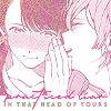 Manga panel of a man whispering something to a blushing man. Small text reads, “practiced liar” and “in that head of yours.”