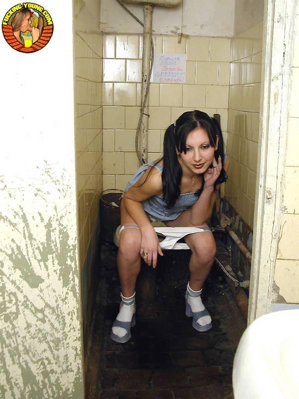 Teen girl in pigtails squats for a pee on the filthiest toilet know to mankind(6)