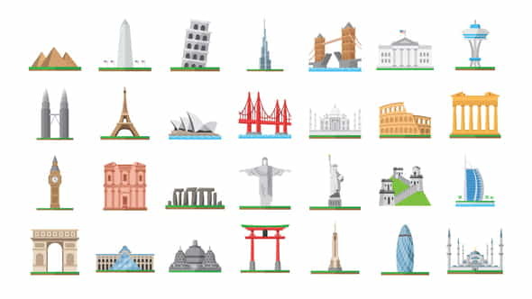 100 World Landmarks Icons - VideoHive 26139491