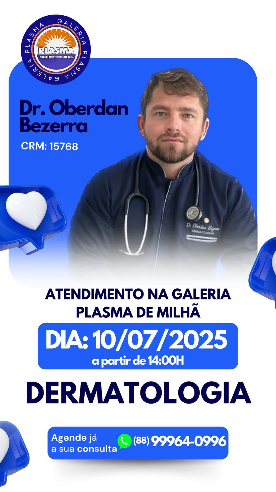 Dr Oberdan Bezerra, Dermatologista, médico de pele 10-Julho Quarta-f 14h00min por ordem