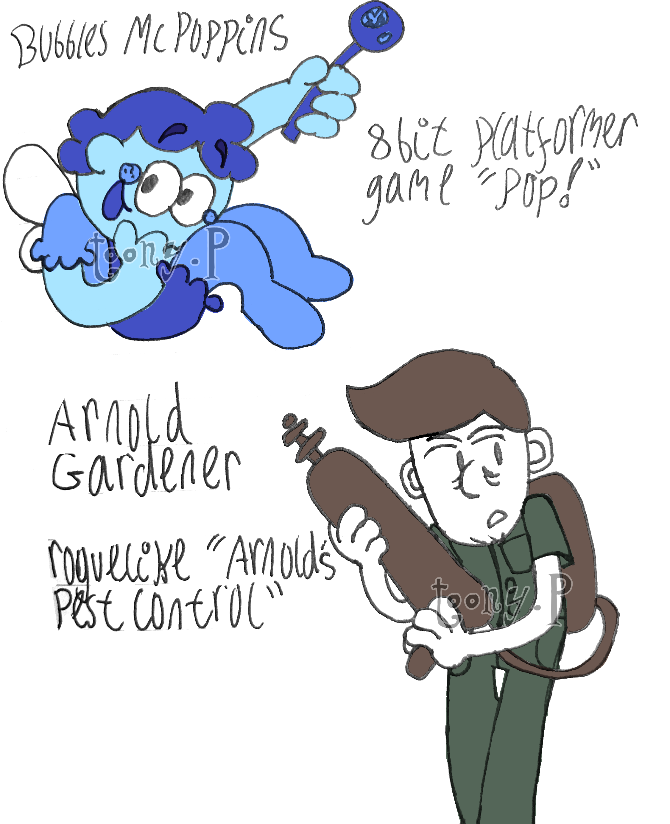 colored sketch artwork of a short fairy man and a gardener. the fairy man is blue, with short dark blue hair and overalls, and white wings. he is waving a blue wands, and smiling. the gardener is plain white, with short brown hair, and a green jumpsuit. he is frowning, and holding a projectile weapon similar looking to sci-fi laser gun. it is connected to a tank on his back.
