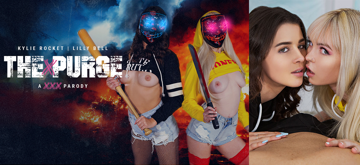 [BaDoinkVR.com] Kylie Rocket & Lilly Bell - The Purge Is Cumming [2020-10-29, Cum In Mouth, Facial, Cosplay, Hairy, Face sitting, Stockings, Small Tits, Babe, Brunette, Doggystyle, Natural, Blowjob, Blonde, Threesome, Teen, SideBySide, 2700p, 5K, SiteRip]