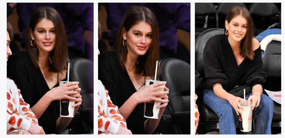 REQ: @Getty - Kaia Gerber attends a basketball game between the Los Angeles Lakers and the Detroit Pistons