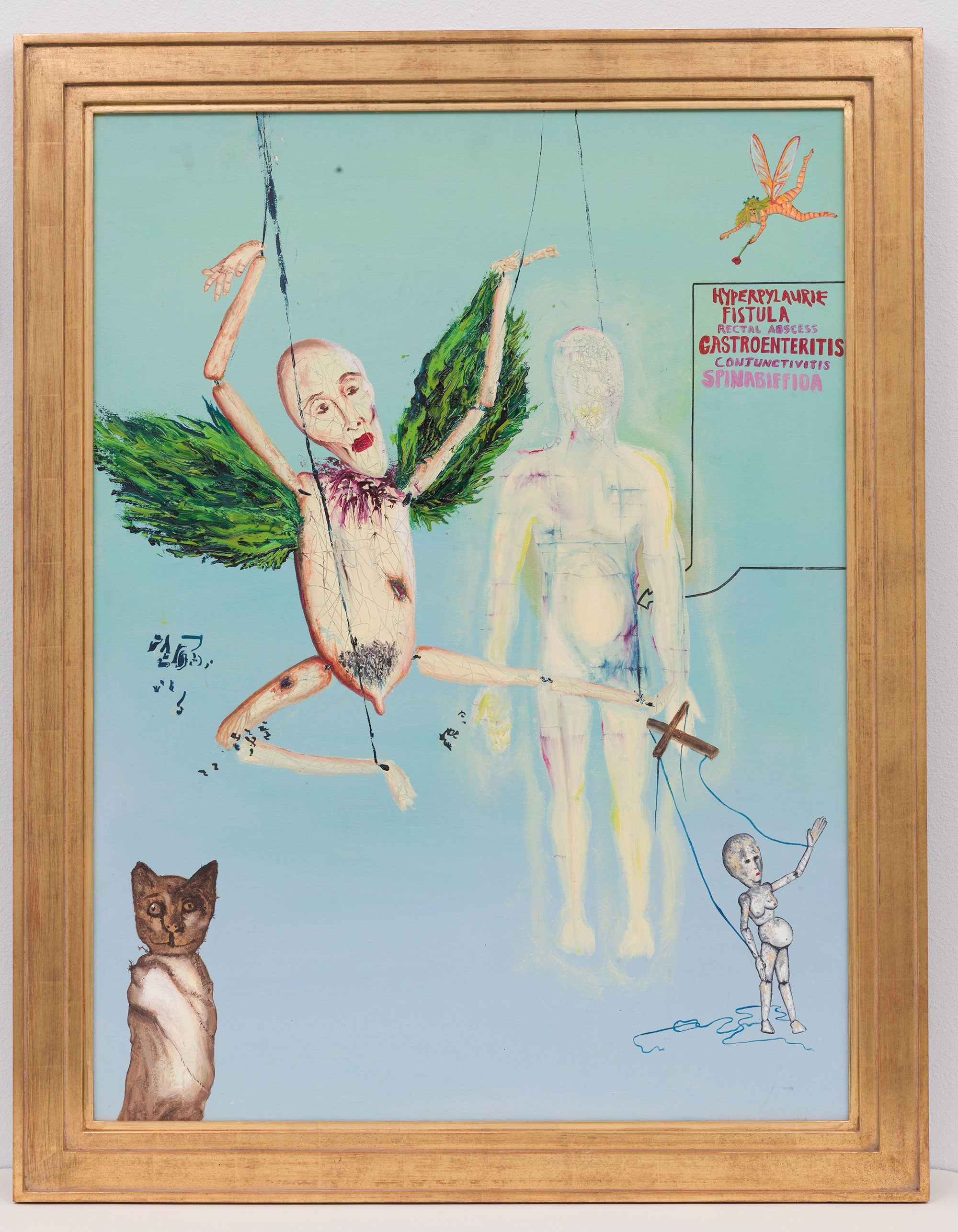 This painting appears to be unfinished. On a pale blue background are several human-like figures. On the left side is a large nude marionette with green, furry wings, a masculine face, wounds on its abdomen and thigh, and pubic hair around a genital-like nub between its legs. It seems to be flying. On the right is a large, white, faceless human male form with a glowing aura around his body holding the controls of a small, female marionette with a pregnant belly, bulbous bald head, and several broken strings still attached to her. In the upper right corner is a small winged fairy-like figure with red stripes all over her body, and holding a rose in her hand. In the lower left corner is a small brown cat in a straight jacket, or perhaps it is mummified. A word bubble pointing to the abdomen of the large male figure says, HYPERPYLAURIE FISTULA, RECTAL ABSCESS, GASTROENTERITIS, CONJUNCTIVITIS, SPINABIFFIDA. There is space below the words, suggesting more was to be added. Small black squiggles appear near the knee of the large marionette.