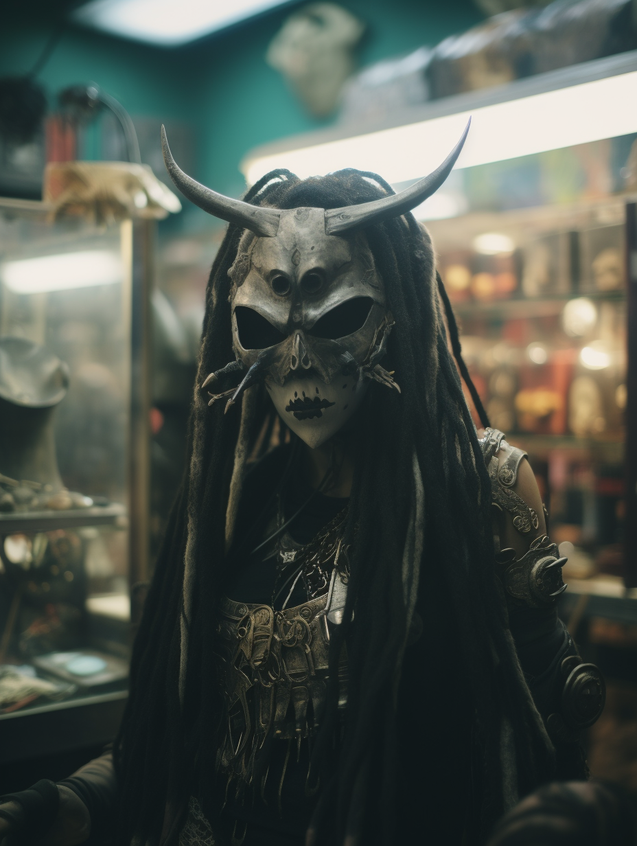 cyberpunk style, panoramic shot, Cyberpunk traditional pagan mask, worn by female shopkeeper, shopkeeper is leaning on the counter, in an antiquities store, 35mm --stylize 75 --v 5.2 --ar 3:4 --style oGE7PsYY4QR4ayk 