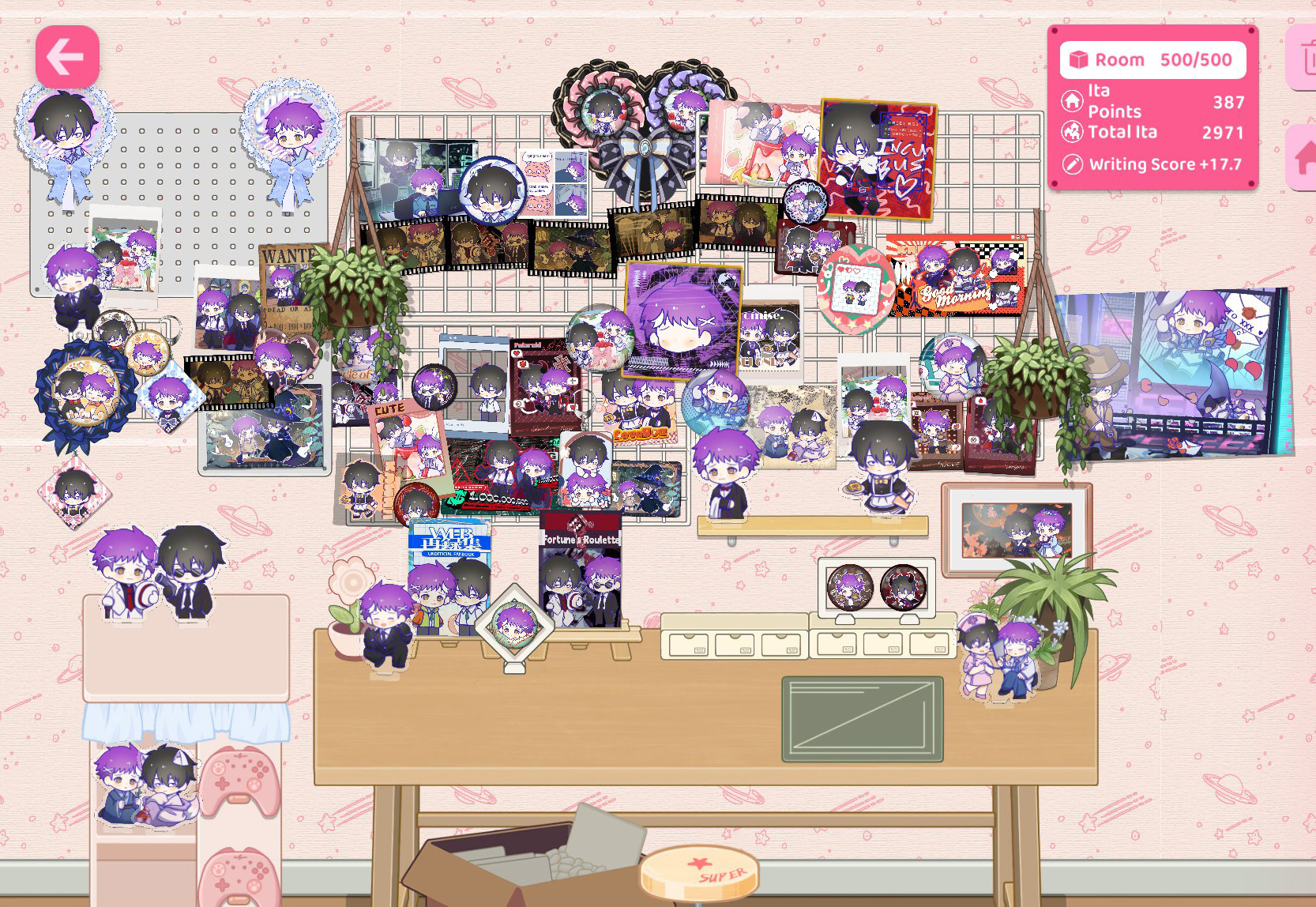 An ita room setup with all slots filled. The wall is covered in merch with game-generated art.