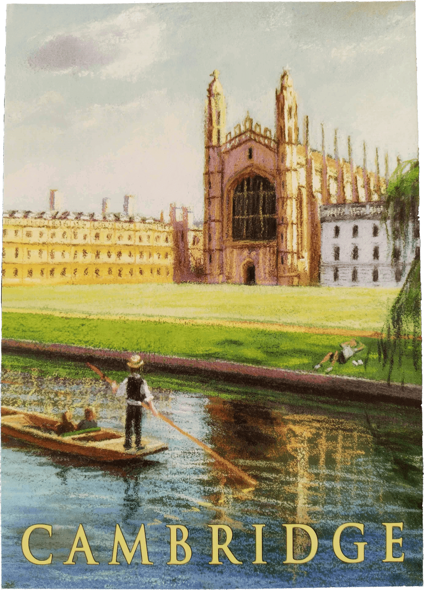 A painting of a punt going down a river