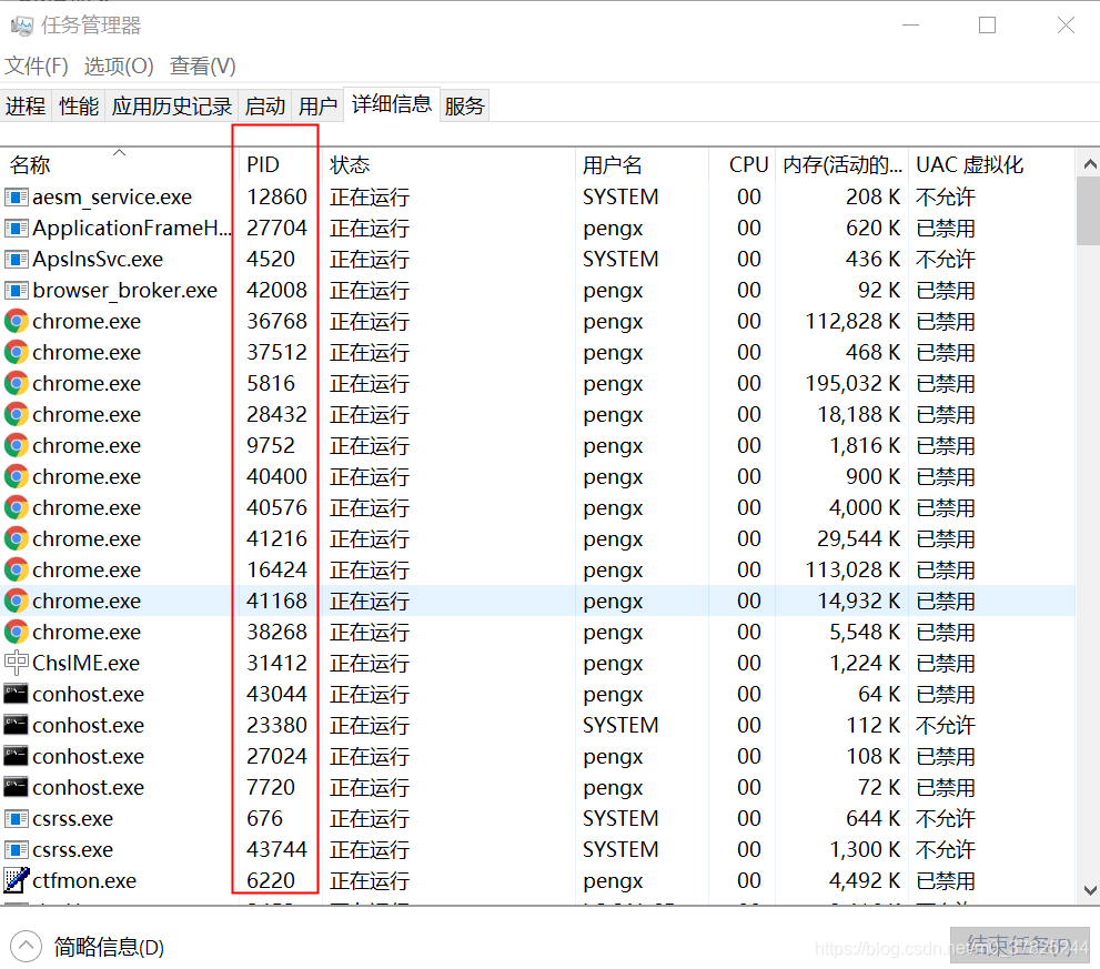 通过任务管理器查看程序的PID