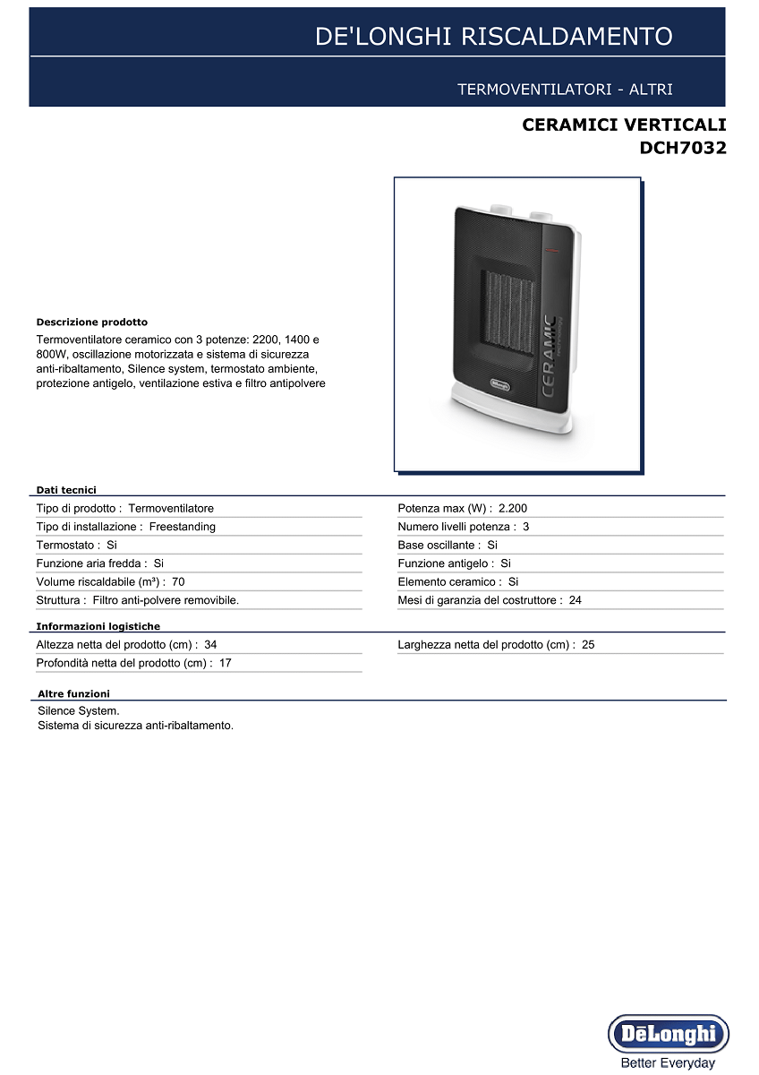 Termoventilatore Ceramico Stufa Elettrica 2200W DeLonghi DCH7032 Funzione  Estiva