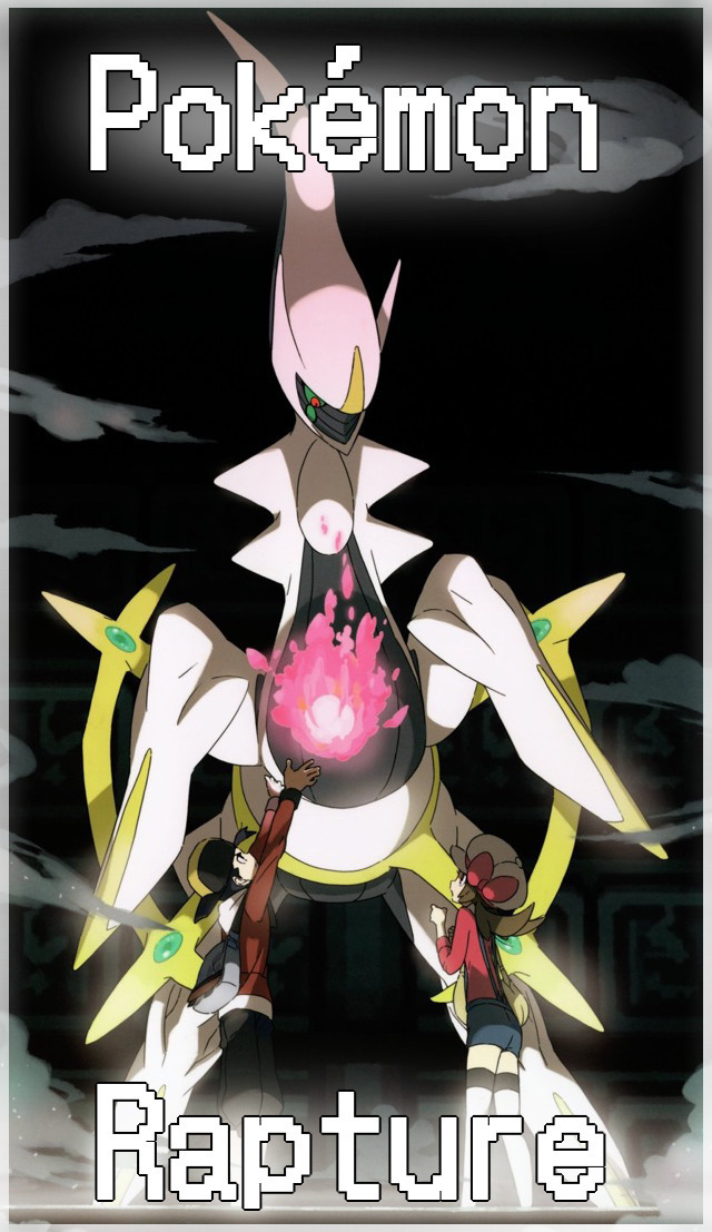 an image of two trainers holding up a pink, glowing orb to arceus, who looks down at them