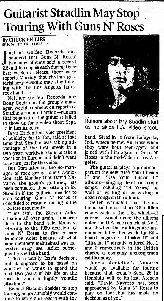 1991.09.24 - Los Angeles Times - Guitarist Stradlin May Stop Touring With Guns N' Roses IhvLank4_o