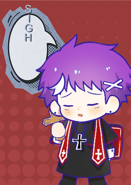 Postcard: Priest Fukita sighing. The word “SIGH” has glitched out of its speech bubble.