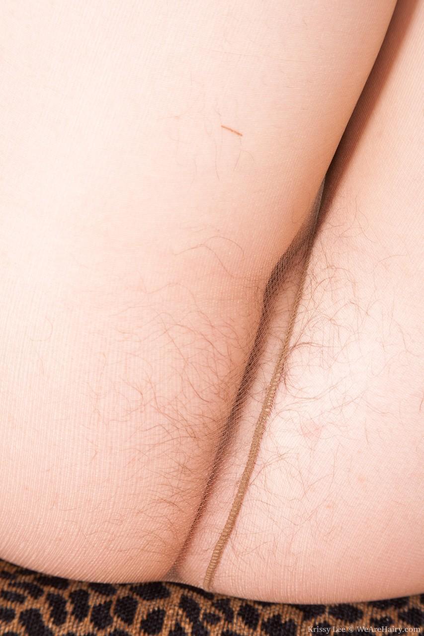 Brunette in pantyhose Krissy Lee exposes & displays her hairy pussy up close(8)